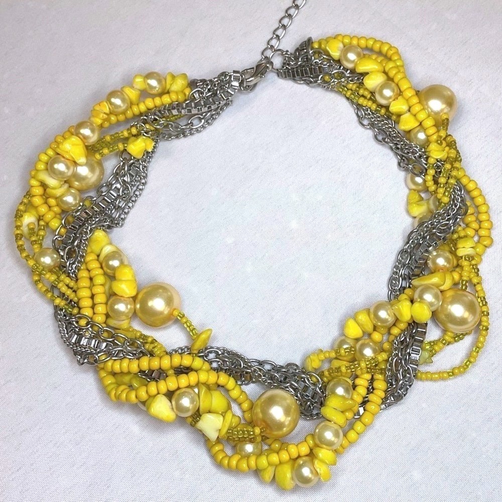 Bold Vintage Multi Strand Beaded Necklace Twisted Yellow Jewelry - Picture 1 of 6